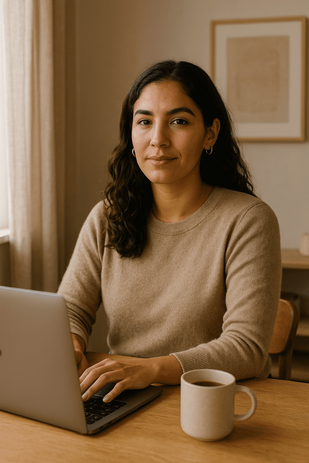 Freelance designer sitting with a laptop and coffee